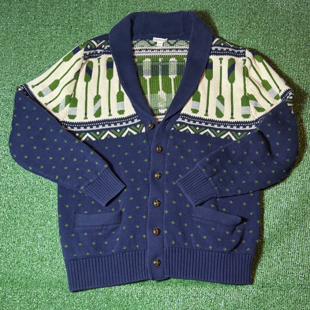 Merona Mens XL Shawl Collar Cardigan Sweater Navy Blue Oars Nautical Knit